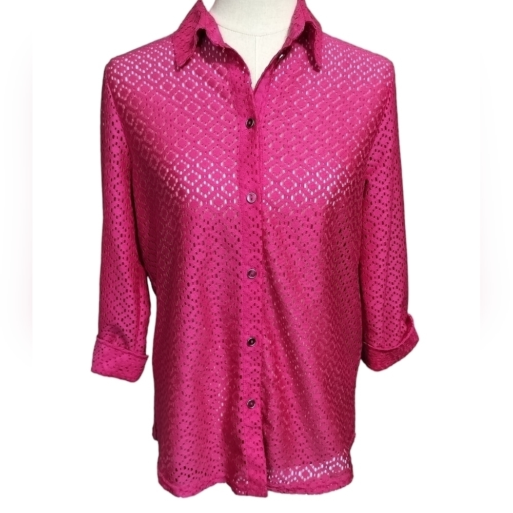(1238) Allison Daley Pink Button Up 3/4 Sleeve Eyelet Blouse Size 8